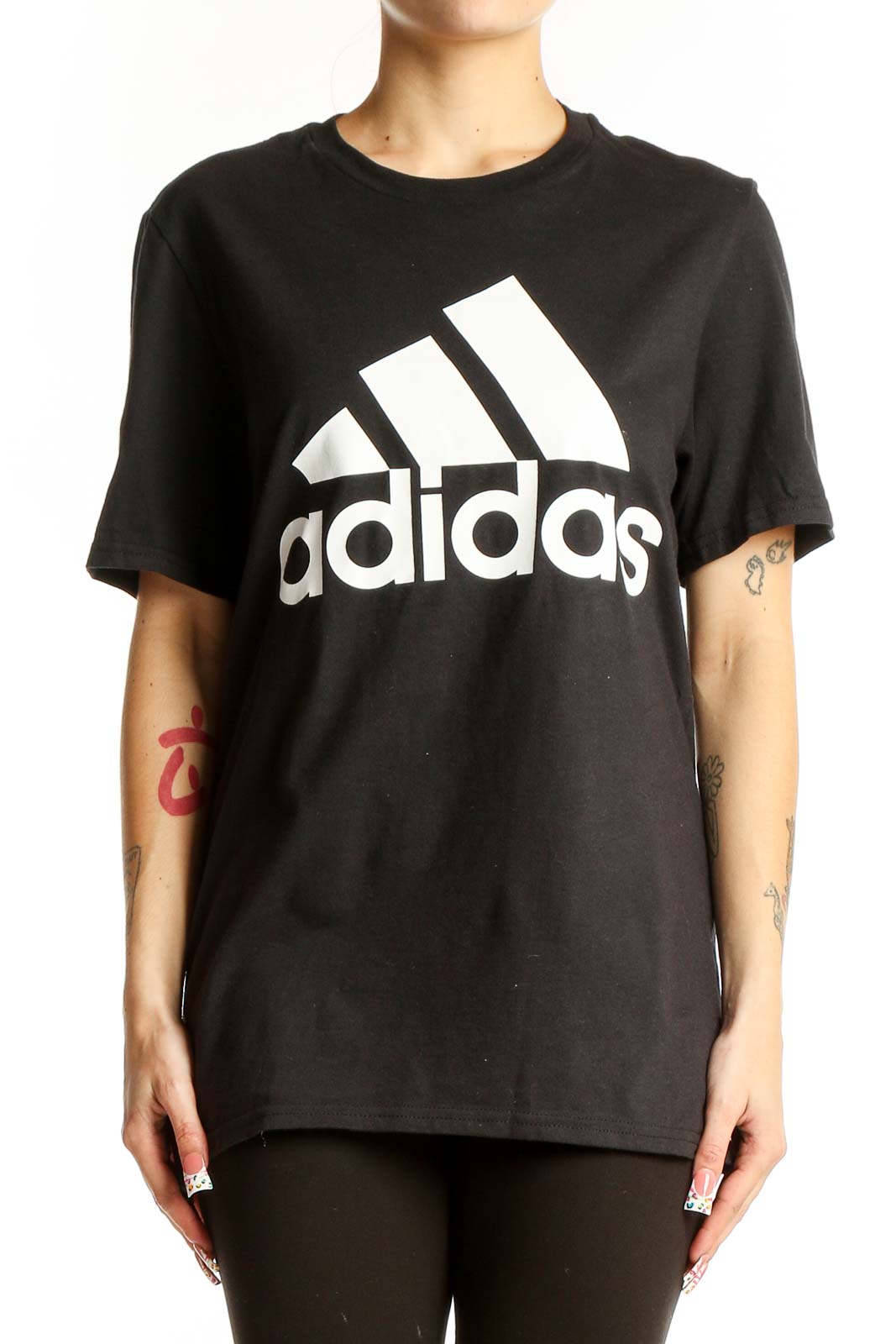 Black Cotton Adidas Logo T-Shirt Front