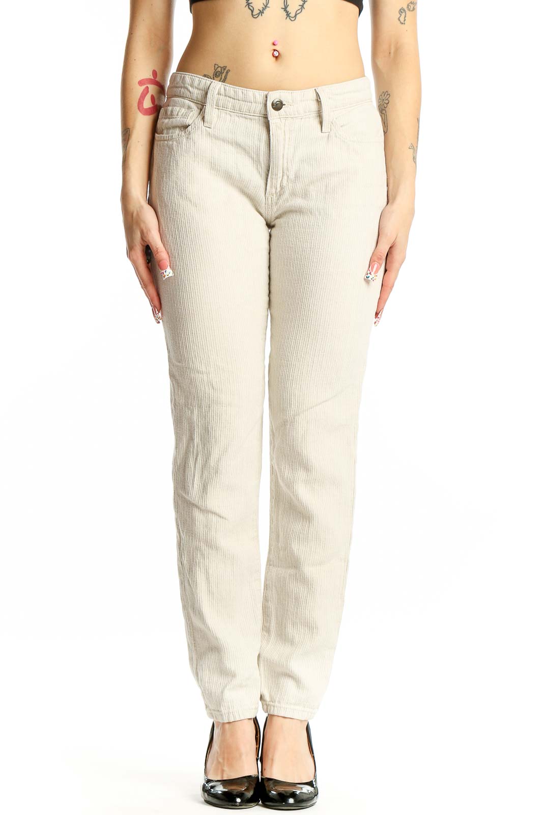 Beige Cotton-Linen Blend Straight Leg Pants Front