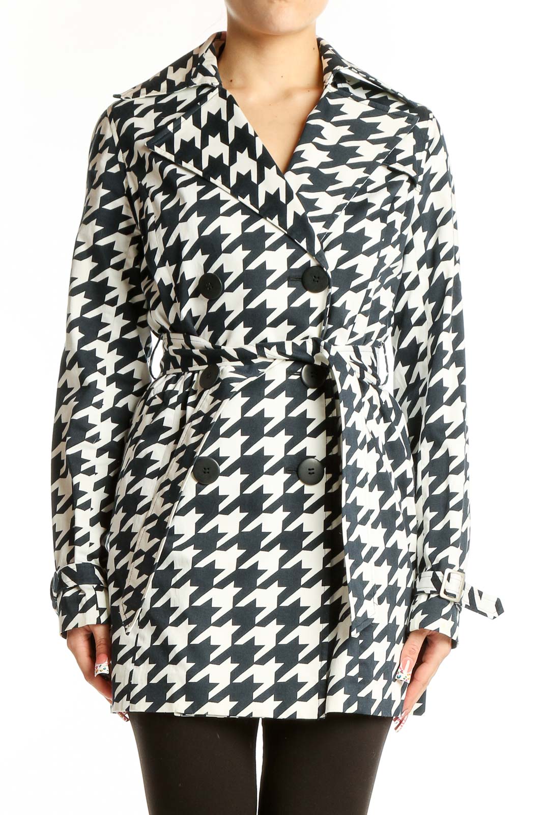 Black and White Houndstooth Trench Coat Front