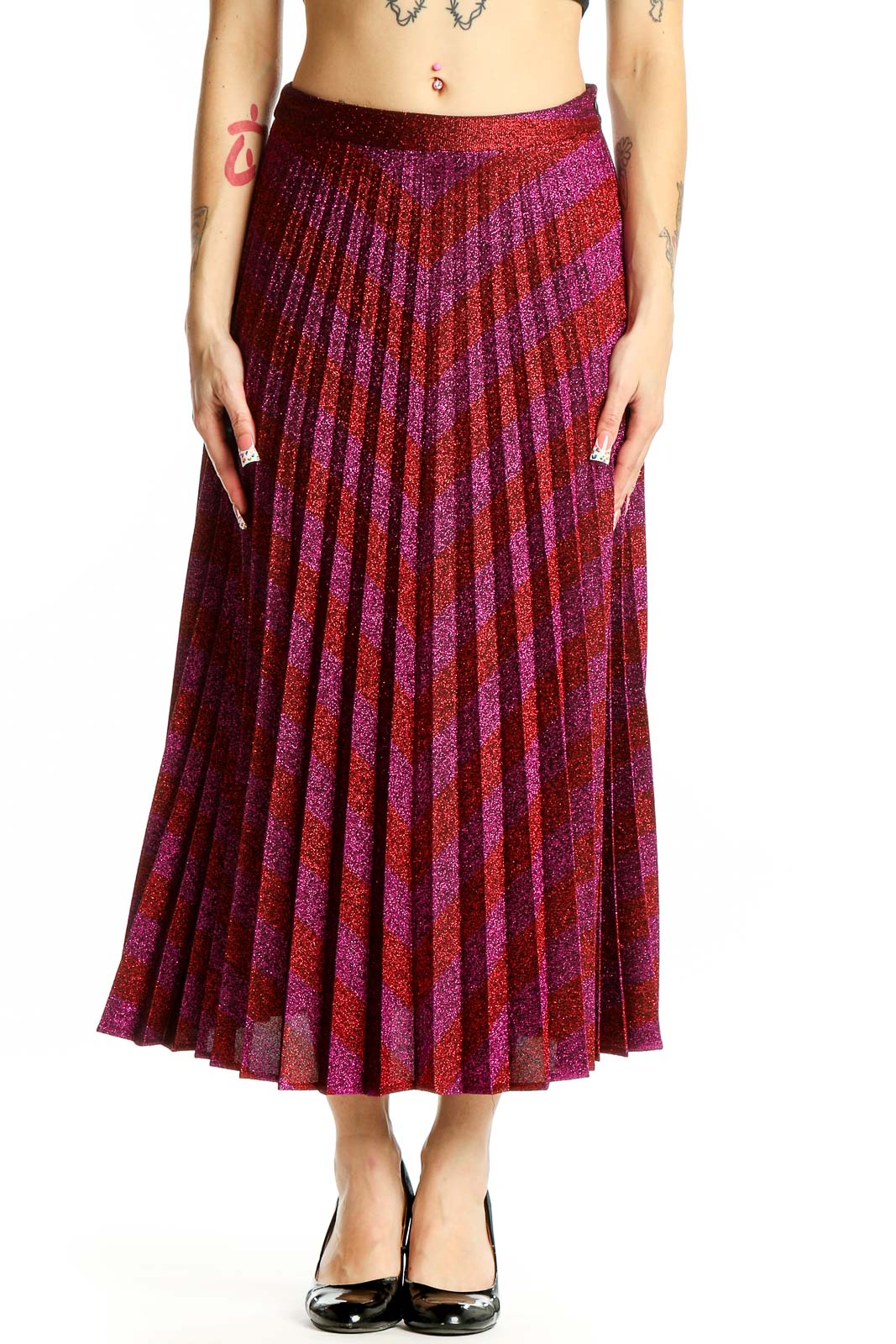 Burgundy Pleated Metallic Midi Skirt Front