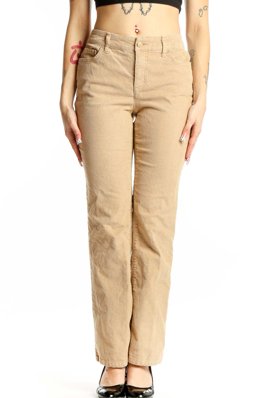 Khaki Cotton-Blend Straight-Leg Pants Front