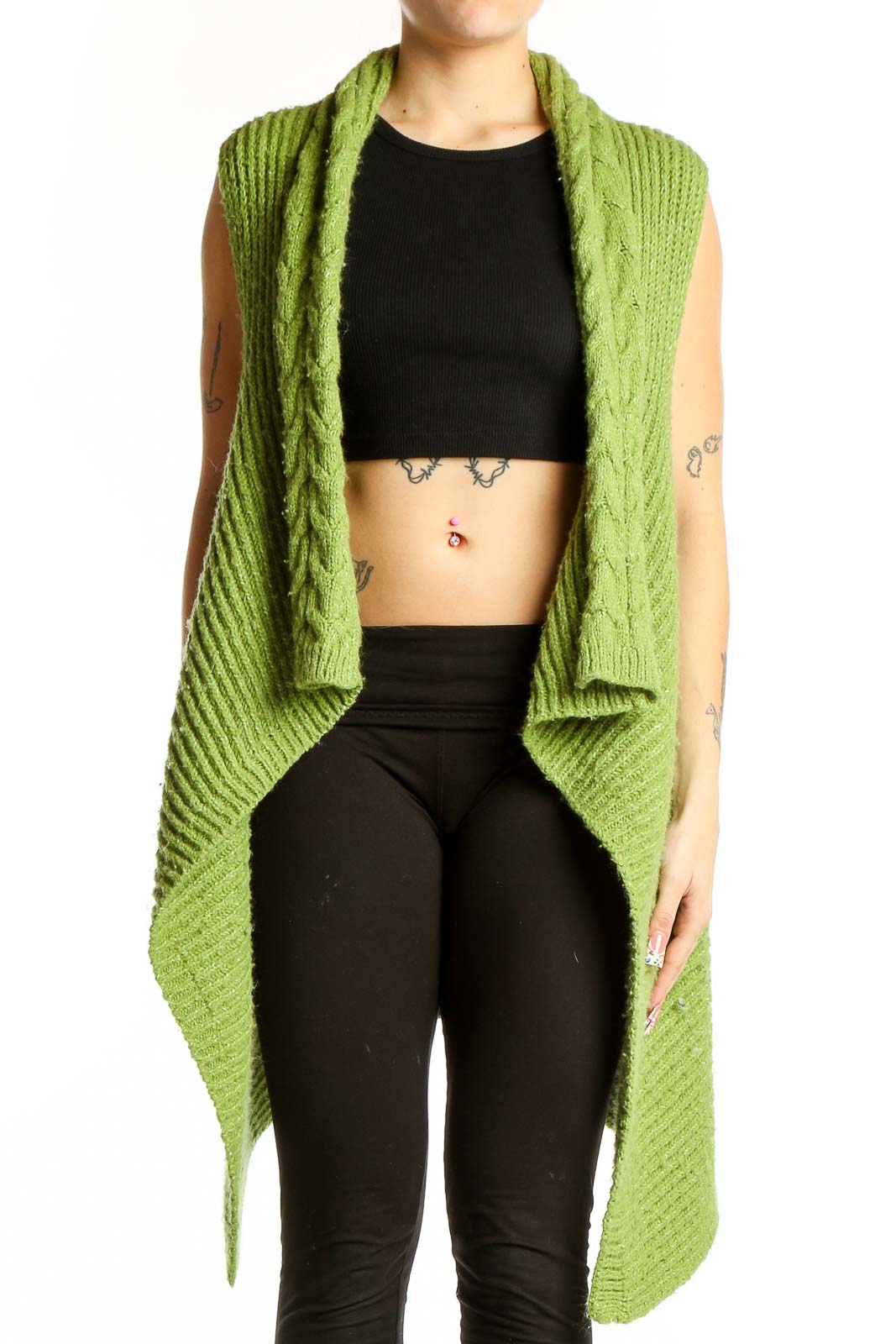 Green Cable Knit Sleeveless Cardigan Front