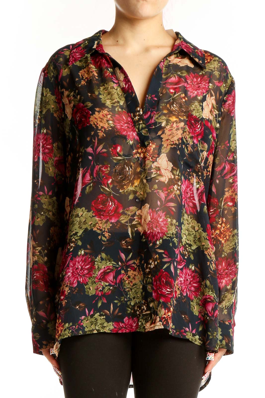 Black Floral Sheer Button-Up Blouse Front