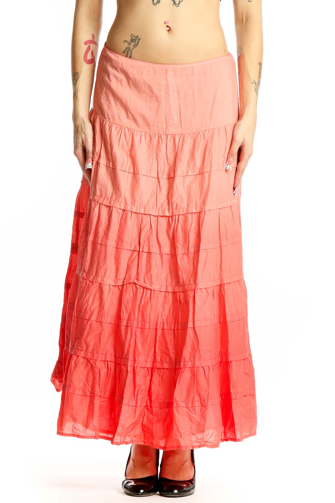 Coral Tiered Cotton Maxi Skirt Front