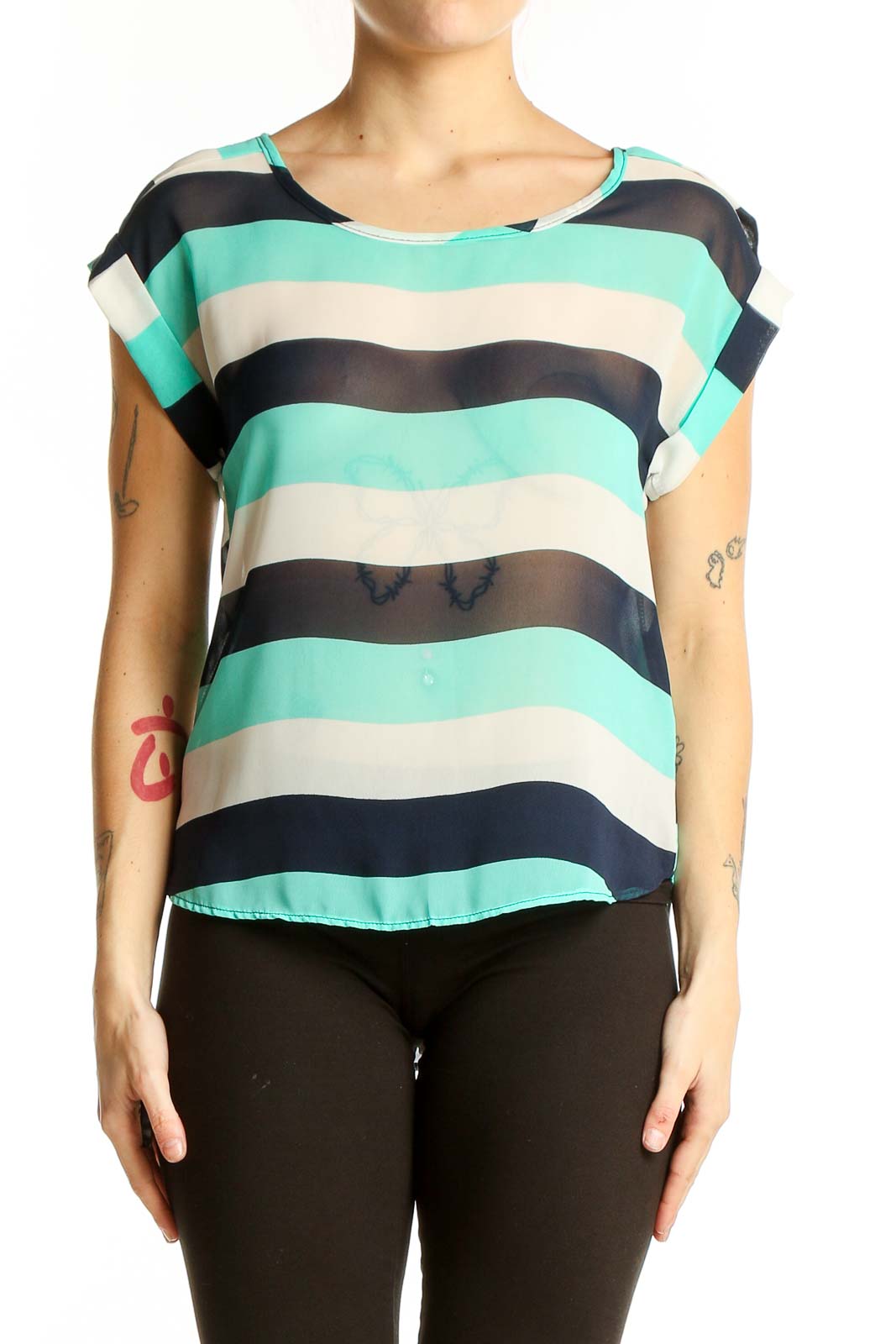 Mint Striped Sleeveless Blouse Front