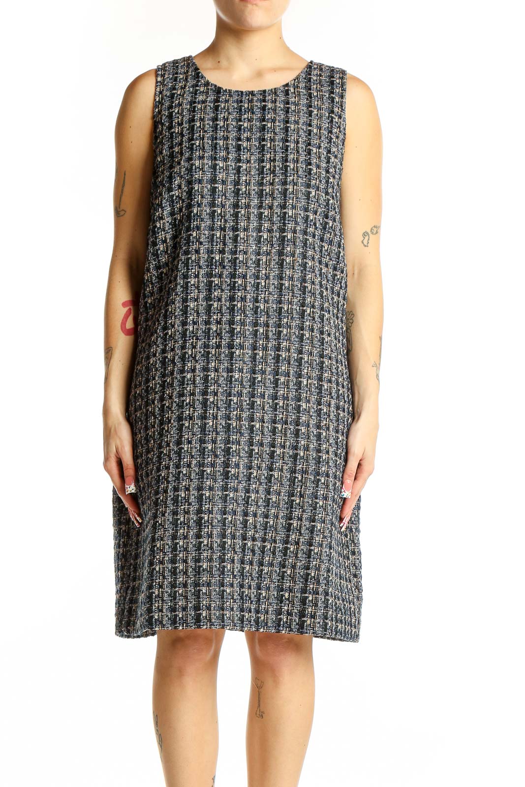 Gray Tweed Sleeveless Shift Dress Front