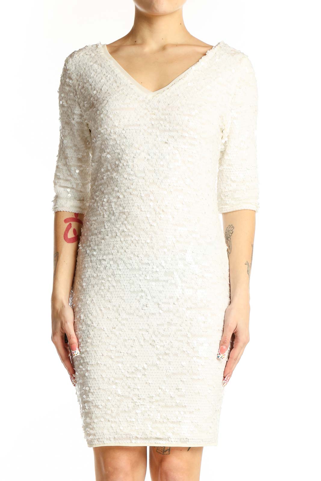 White Textured Bodycon Cocktail Dress Front