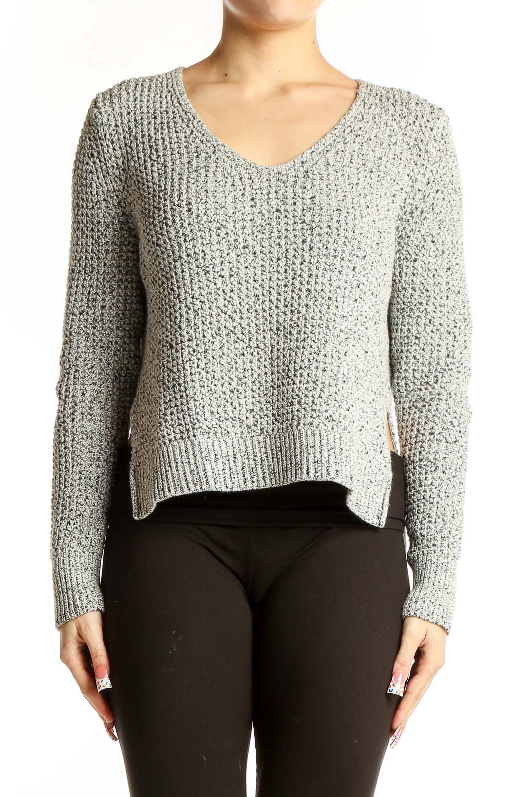 Gray Textured V-Neck Cropped Sweater Front