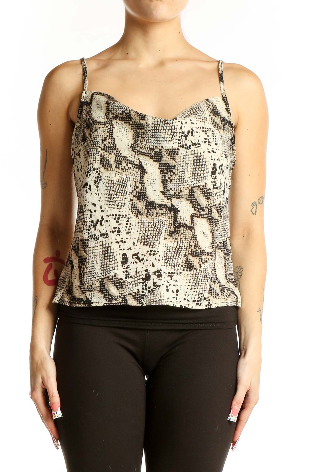 Beige Snake Print Activewear Tank Top Front