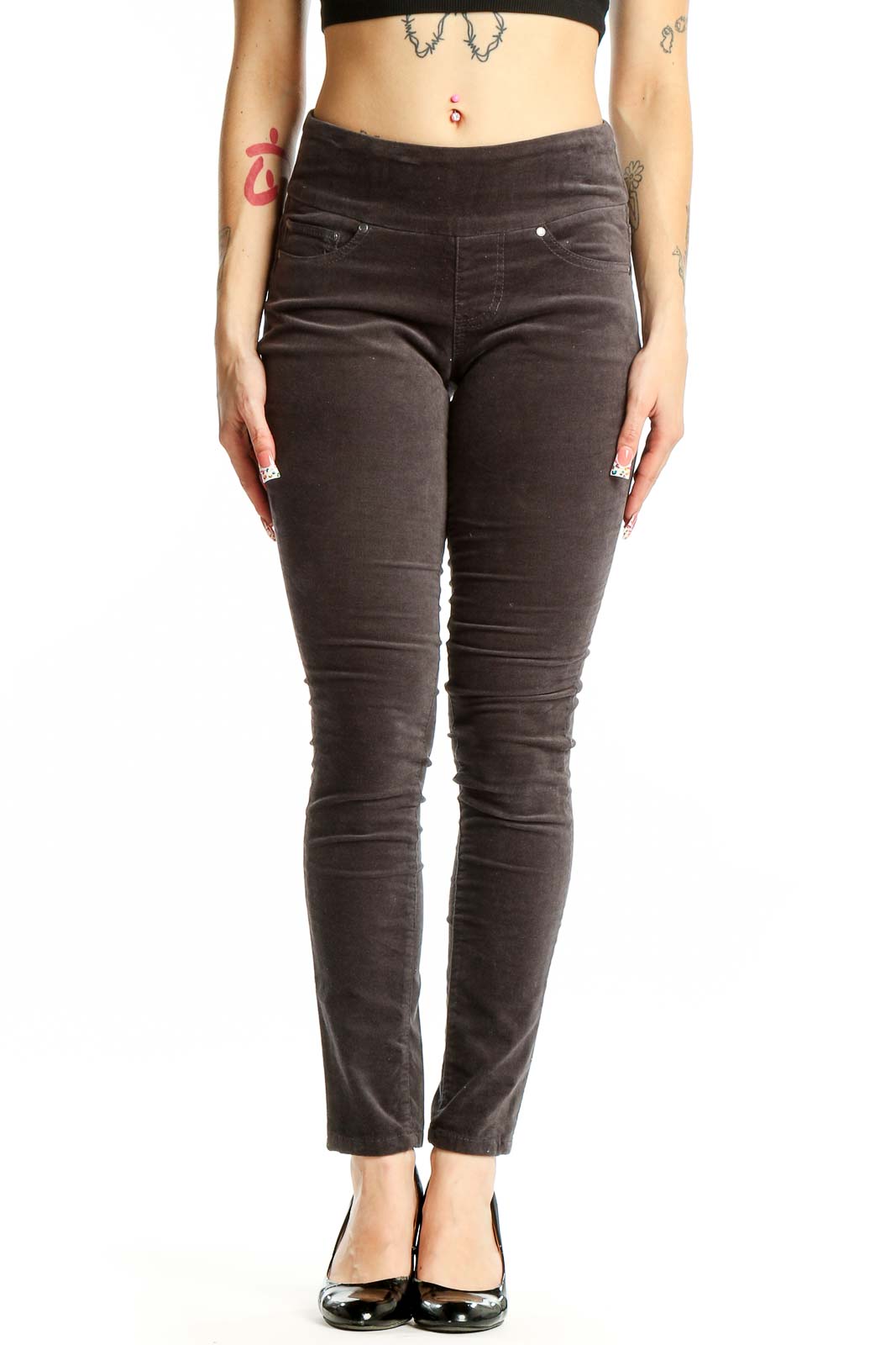 Charcoal Corduroy Slim Fit Pants Front