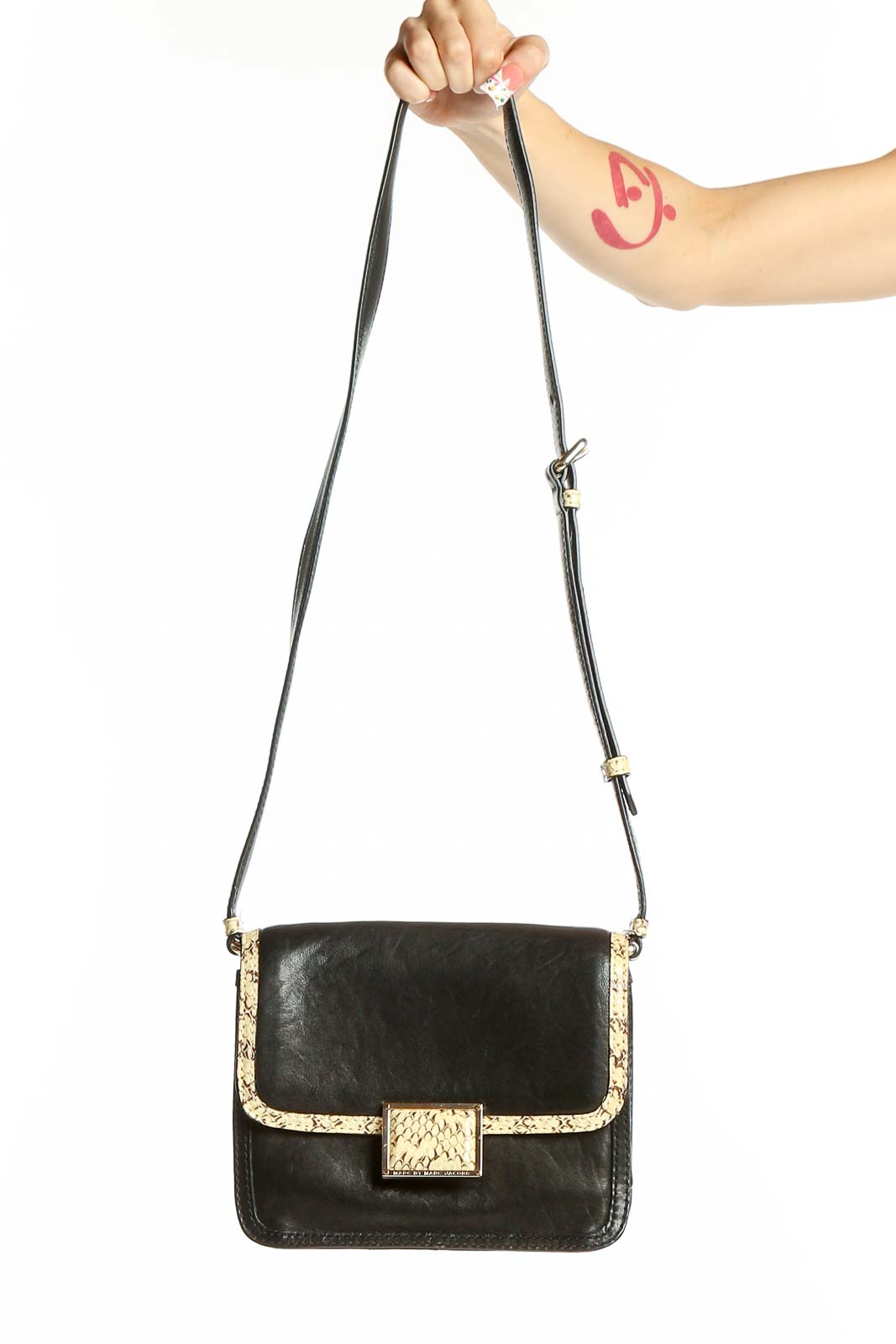Black Leather Snakeskin-Trim Clutch Front