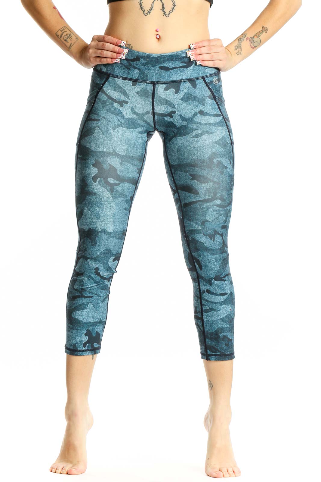 Blue Camo Print Capri Leggings Front