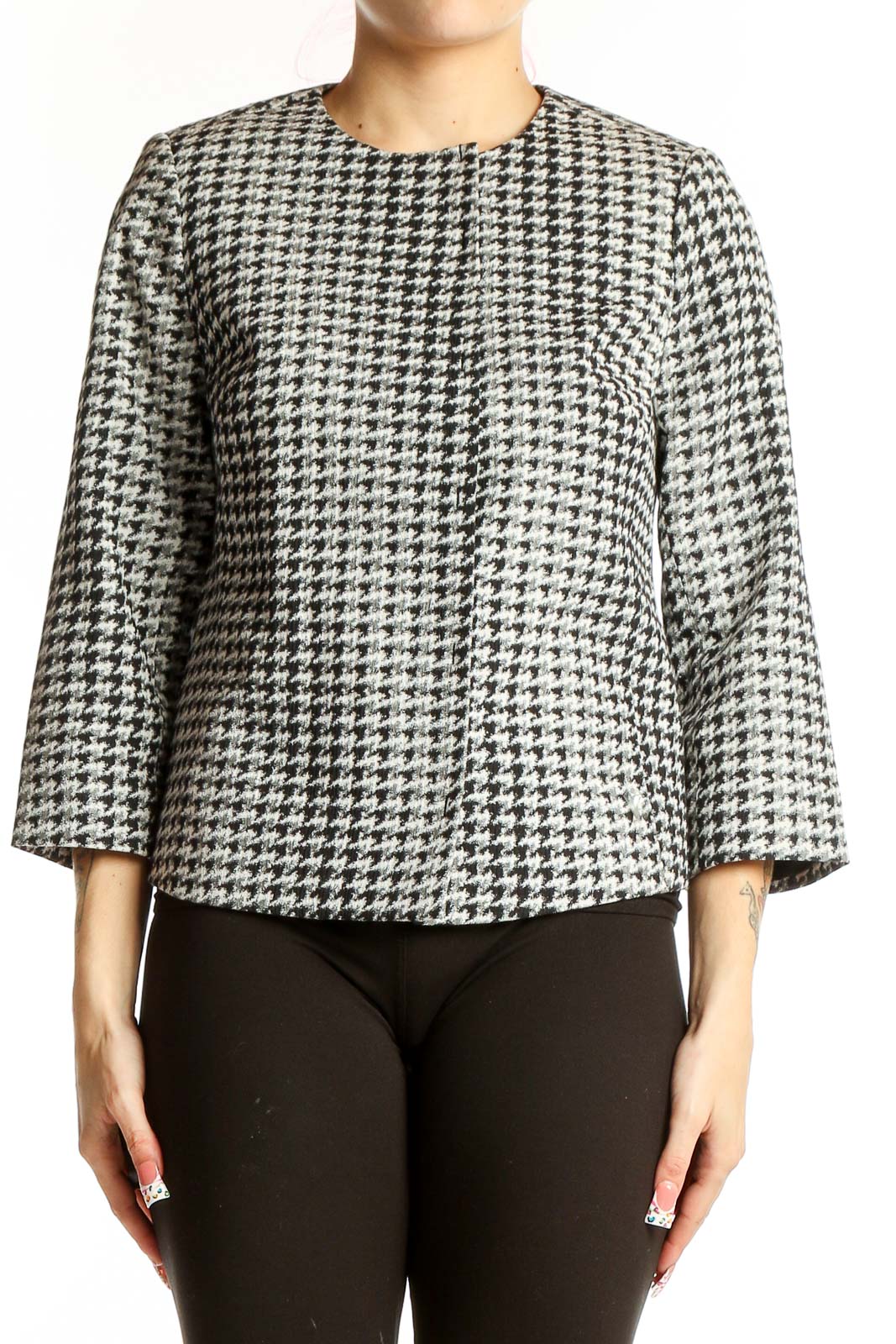 Black and White Houndstooth Cropped Jacket Front