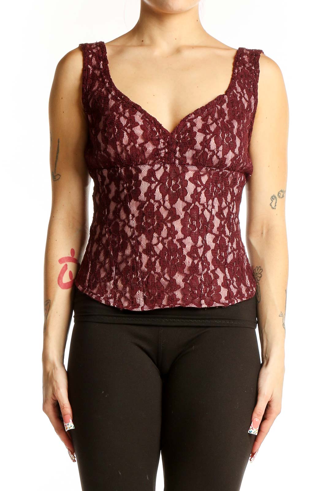 Burgundy Lace Sleeveless Top Front