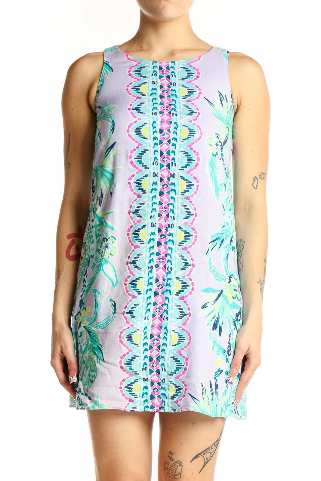 Lavender Floral Print Sleeveless Mini Dress Front