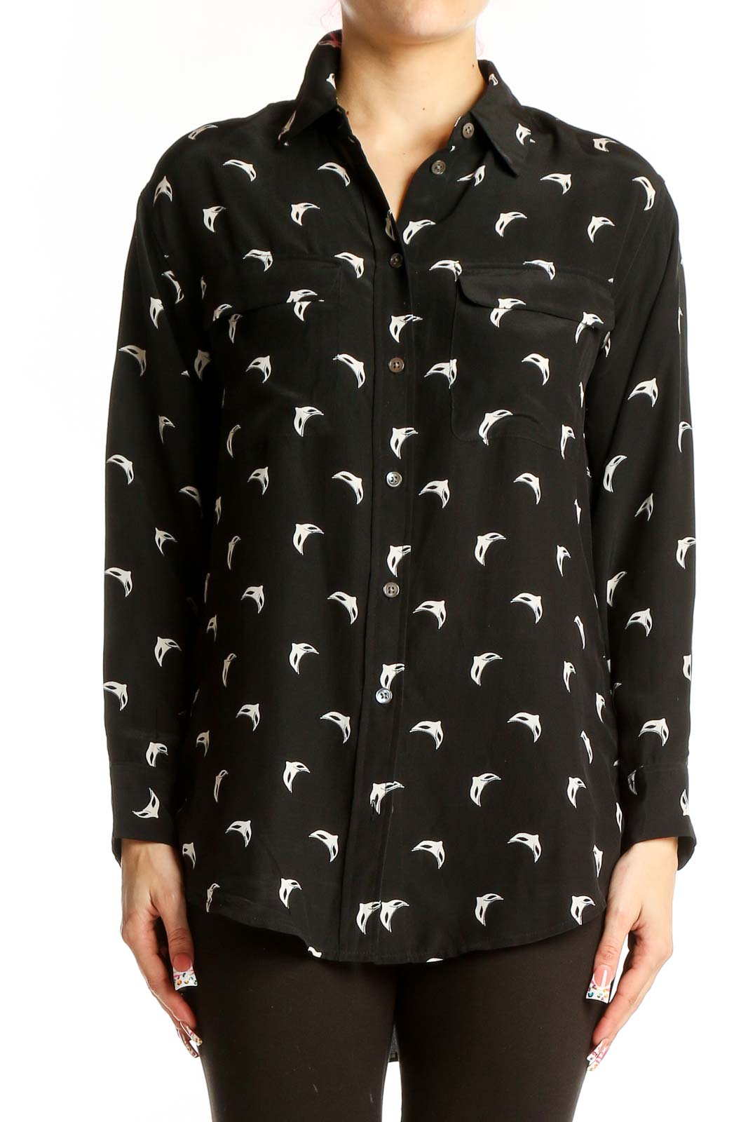 Black Silk Dolphin Print Button-Down Shirt Front