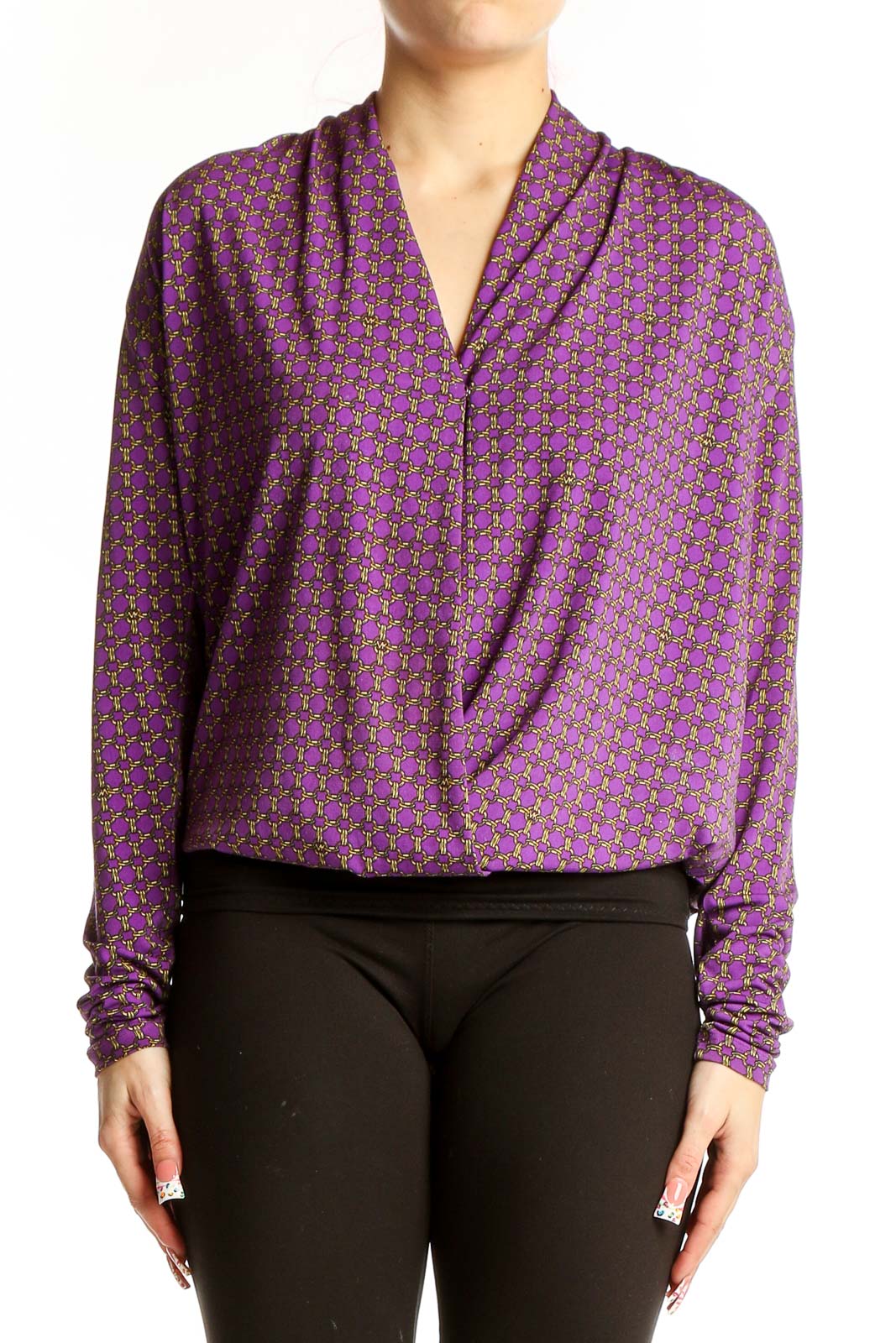 Purple Geometric Print Wrap Blouse Front