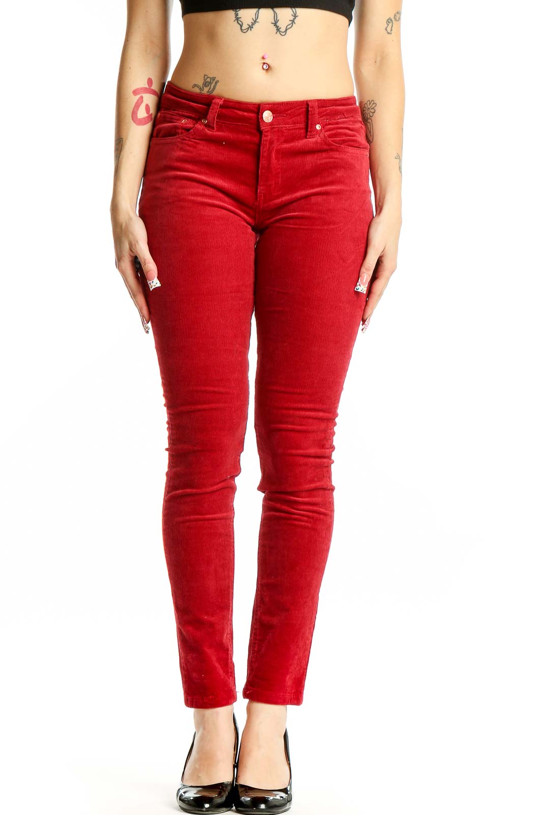 Red Cotton Skinny Pants Front