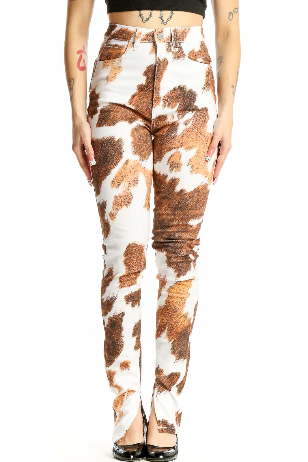 Brown and White Cow Print High-Waisted Pants Front