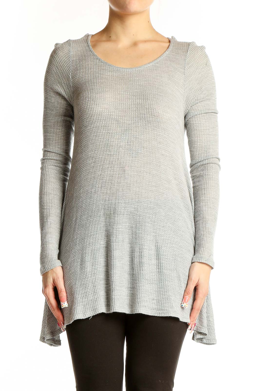 Gray Flowy Long Sleeve Tunic Top Front