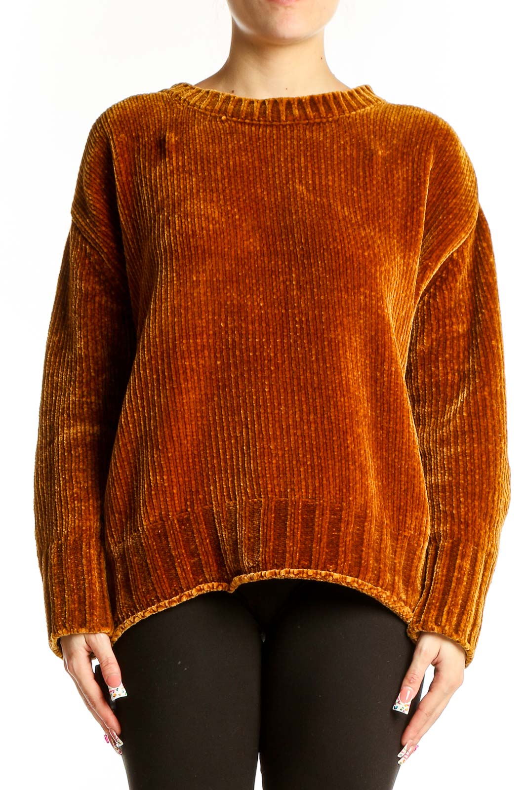 Rust Ribbed Velvet Oversized Sweater Front
