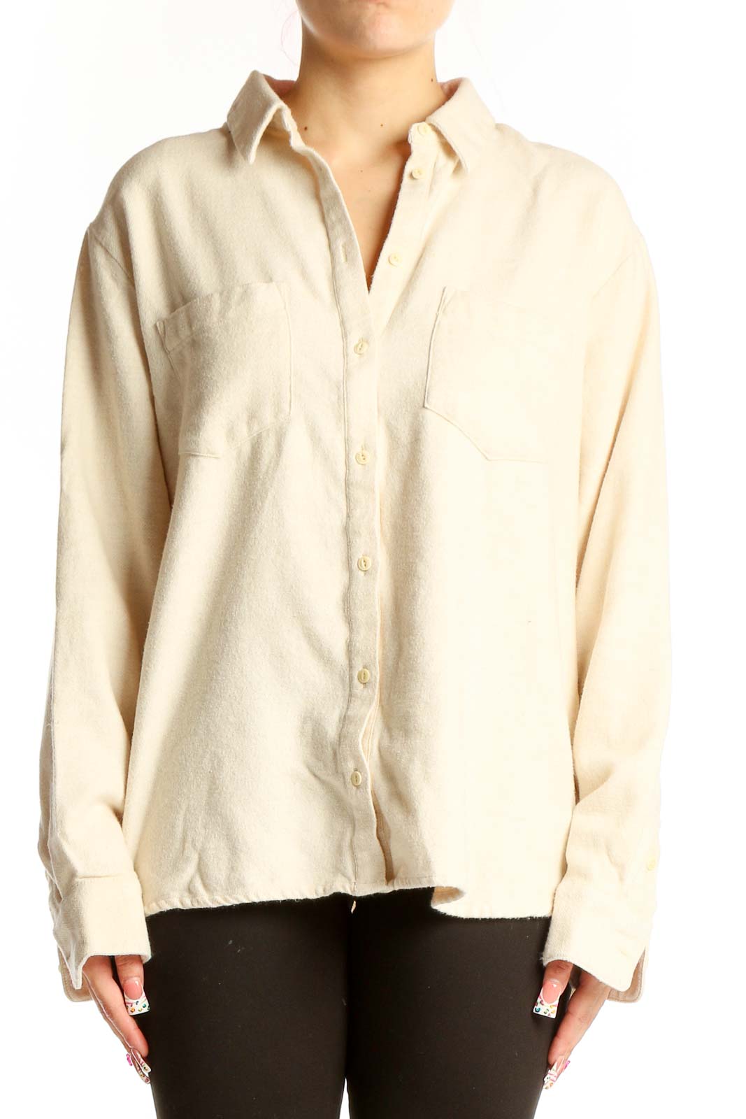 Cream Cotton Button-Down Shirt Front