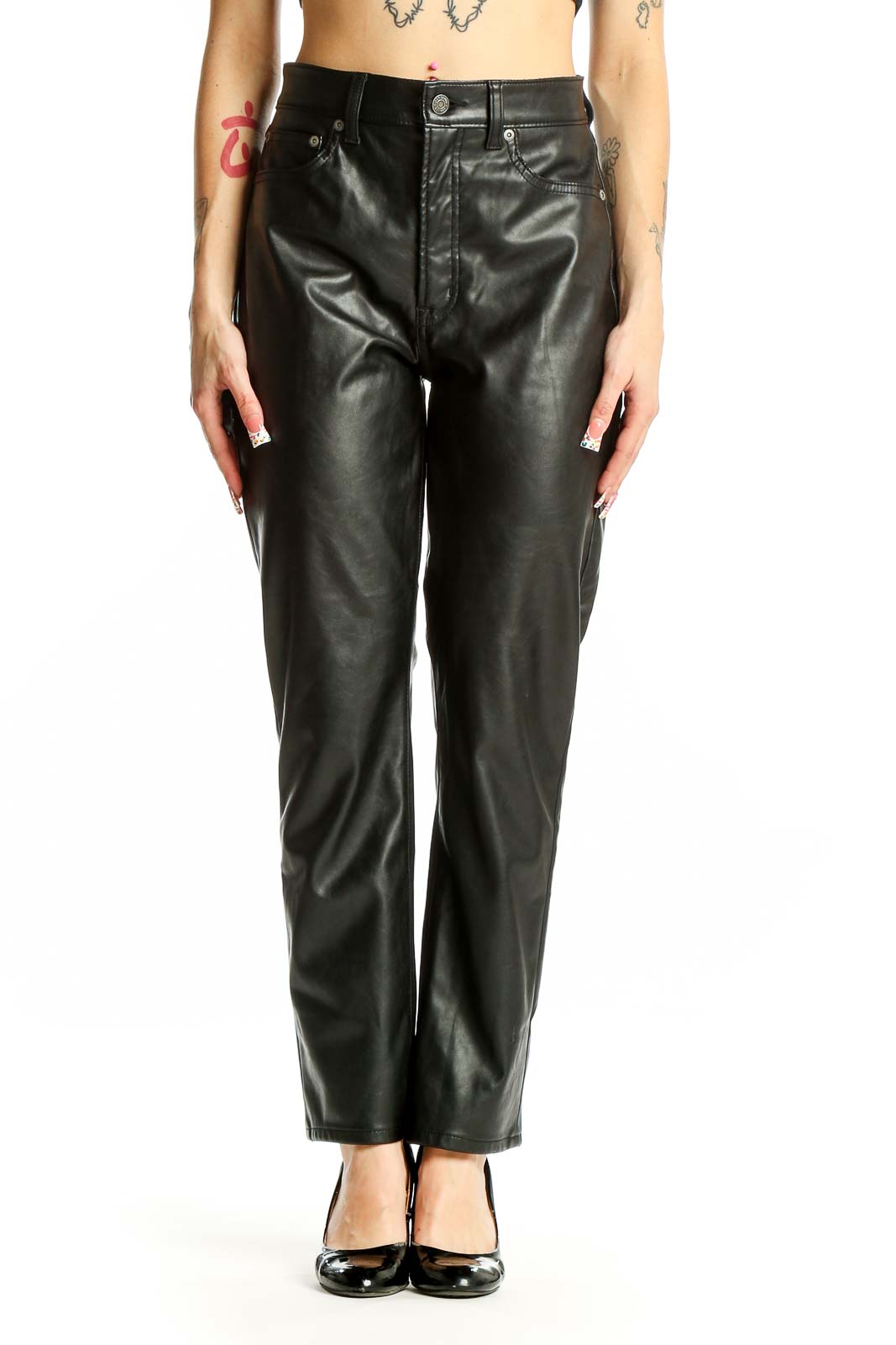 Black Faux Leather Straight-Leg Pants Front