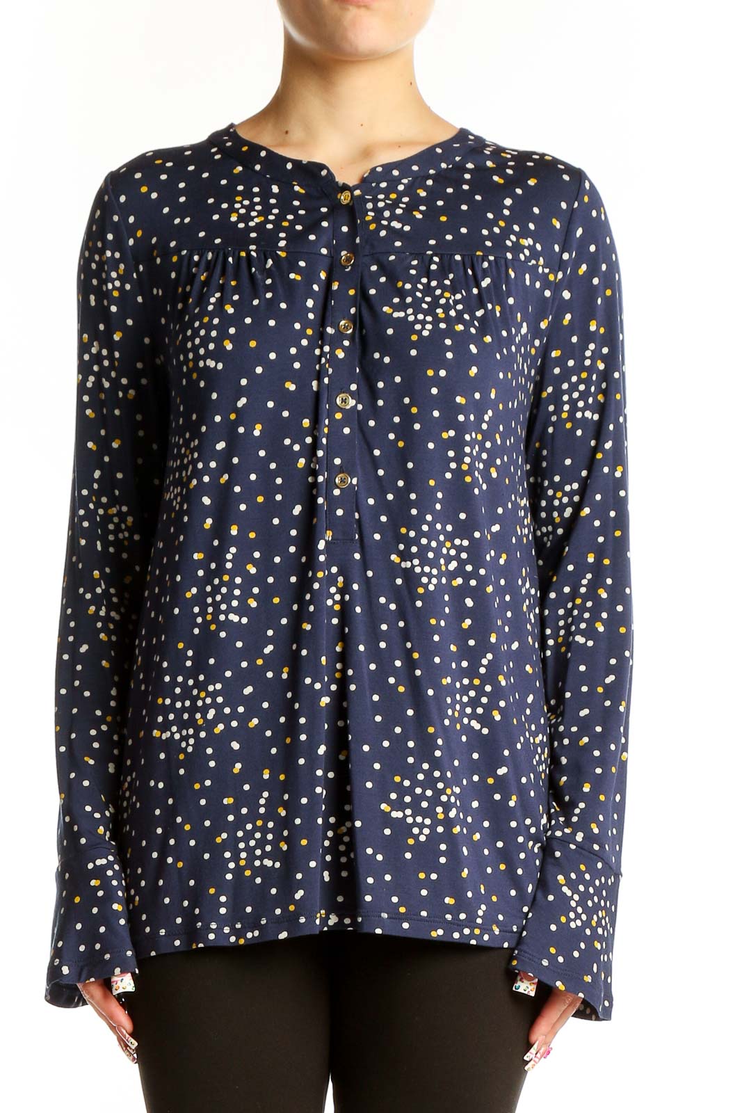 Navy Polka Dot Long Sleeve Blouse Front