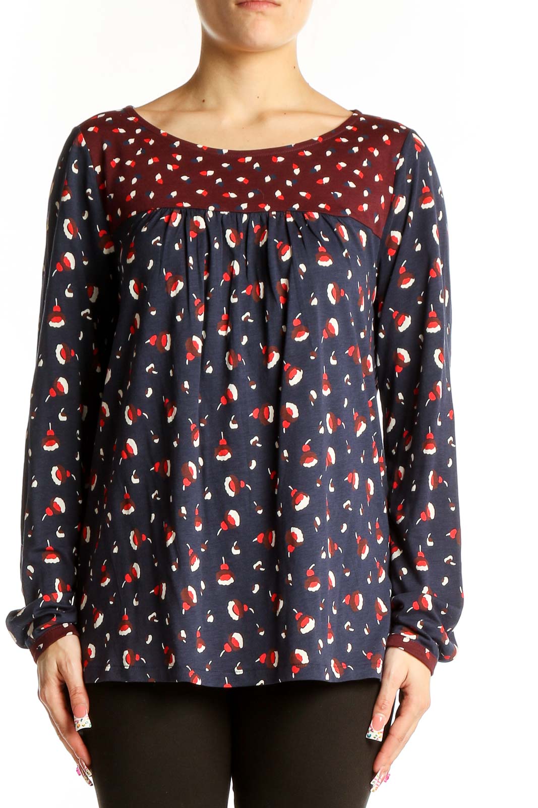 Navy Floral Print Long Sleeve Blouse Front