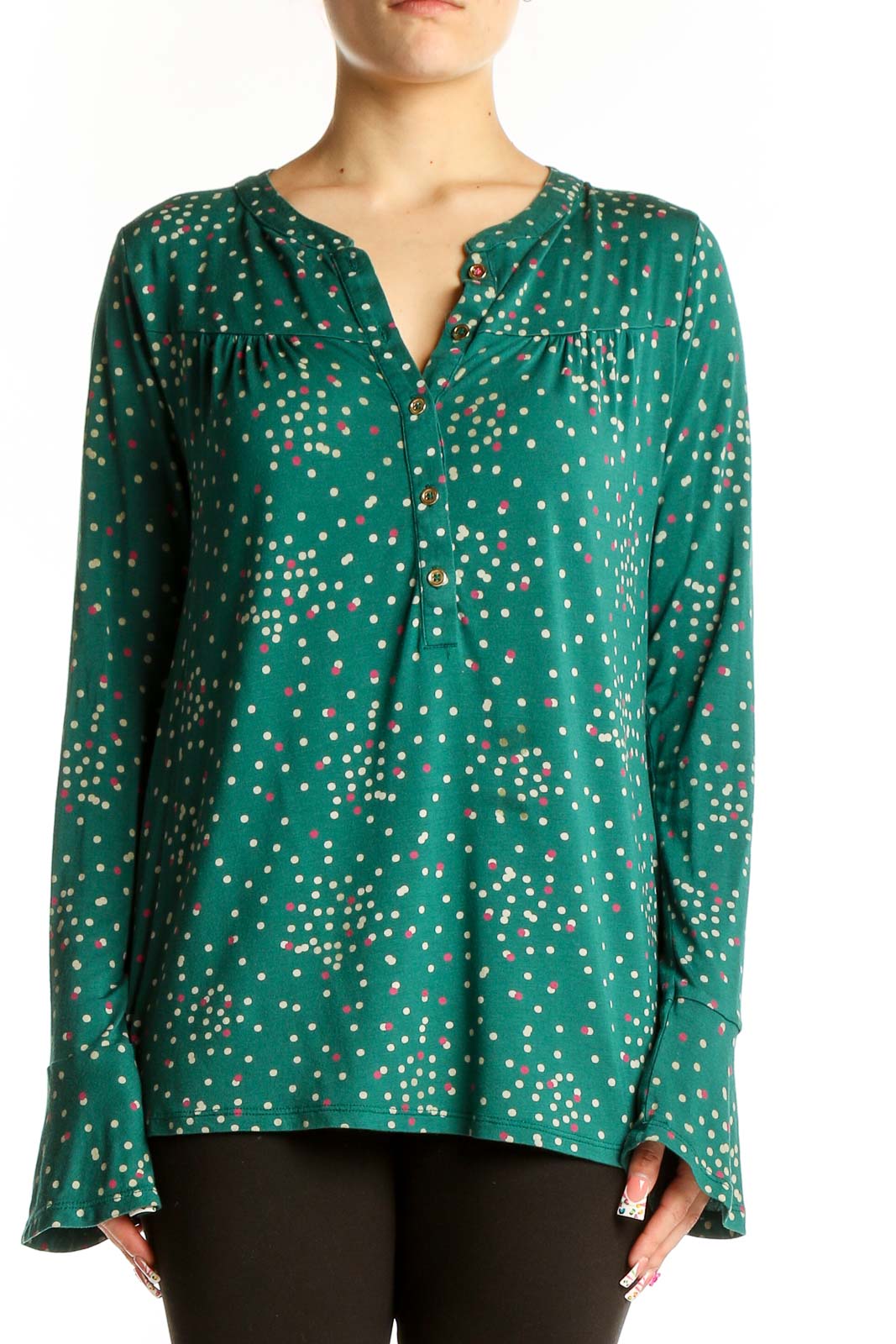 Green Polka Dot Long Sleeve Blouse Front