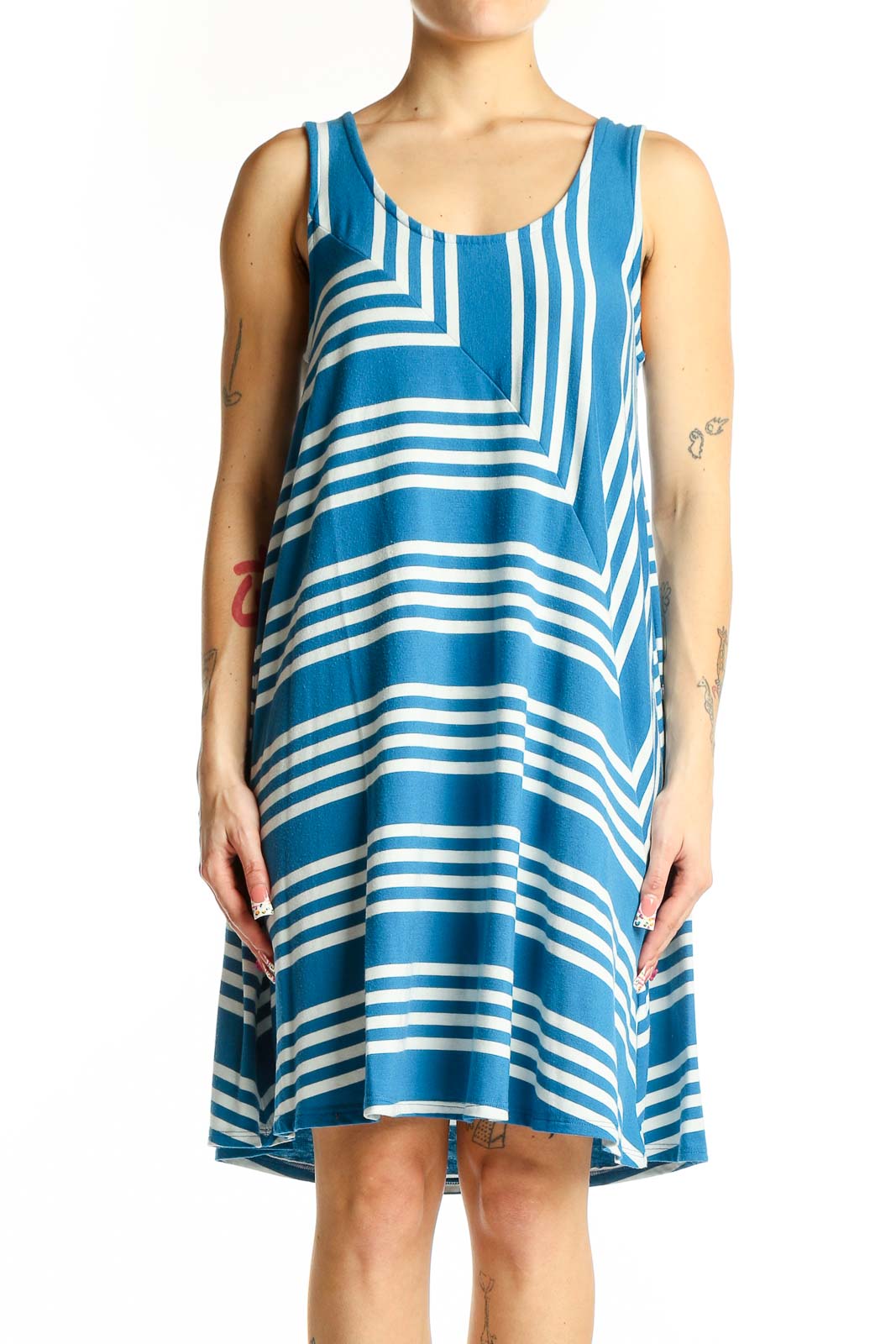 Blue Striped Sleeveless A-Line Dress Front