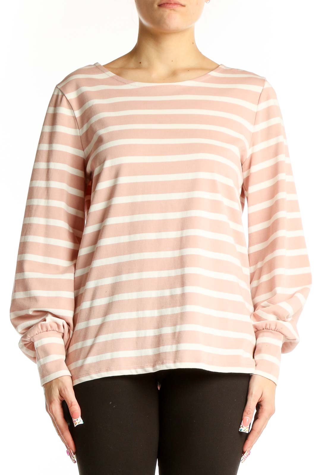 Pink Striped Long Sleeve Cotton Top Front