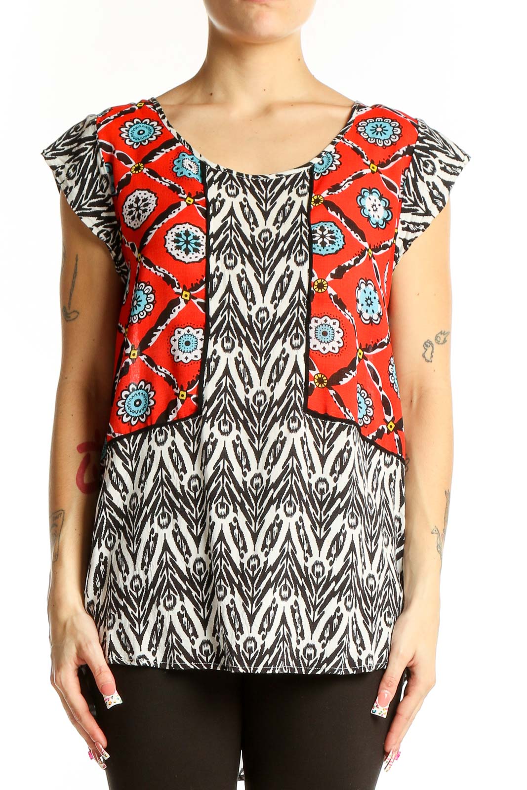 Red and Black Patterned Rayon Top Front