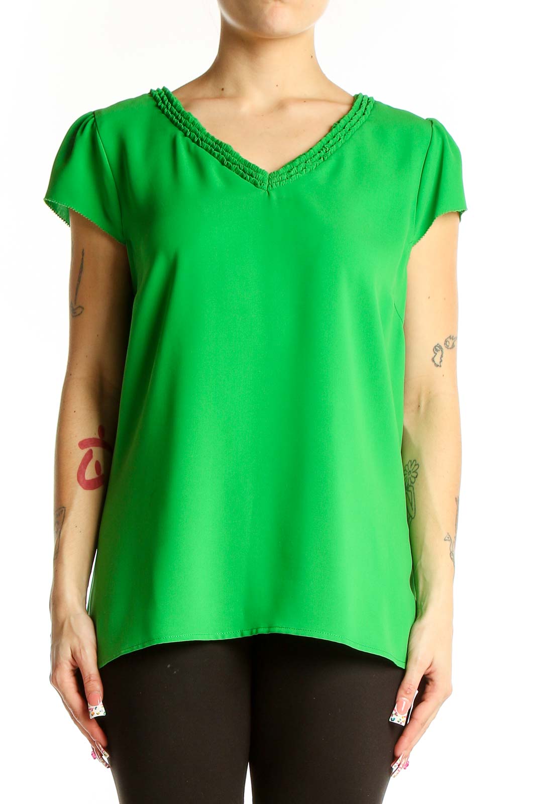 Green V-Neck Cap Sleeve Polyester Blouse Front