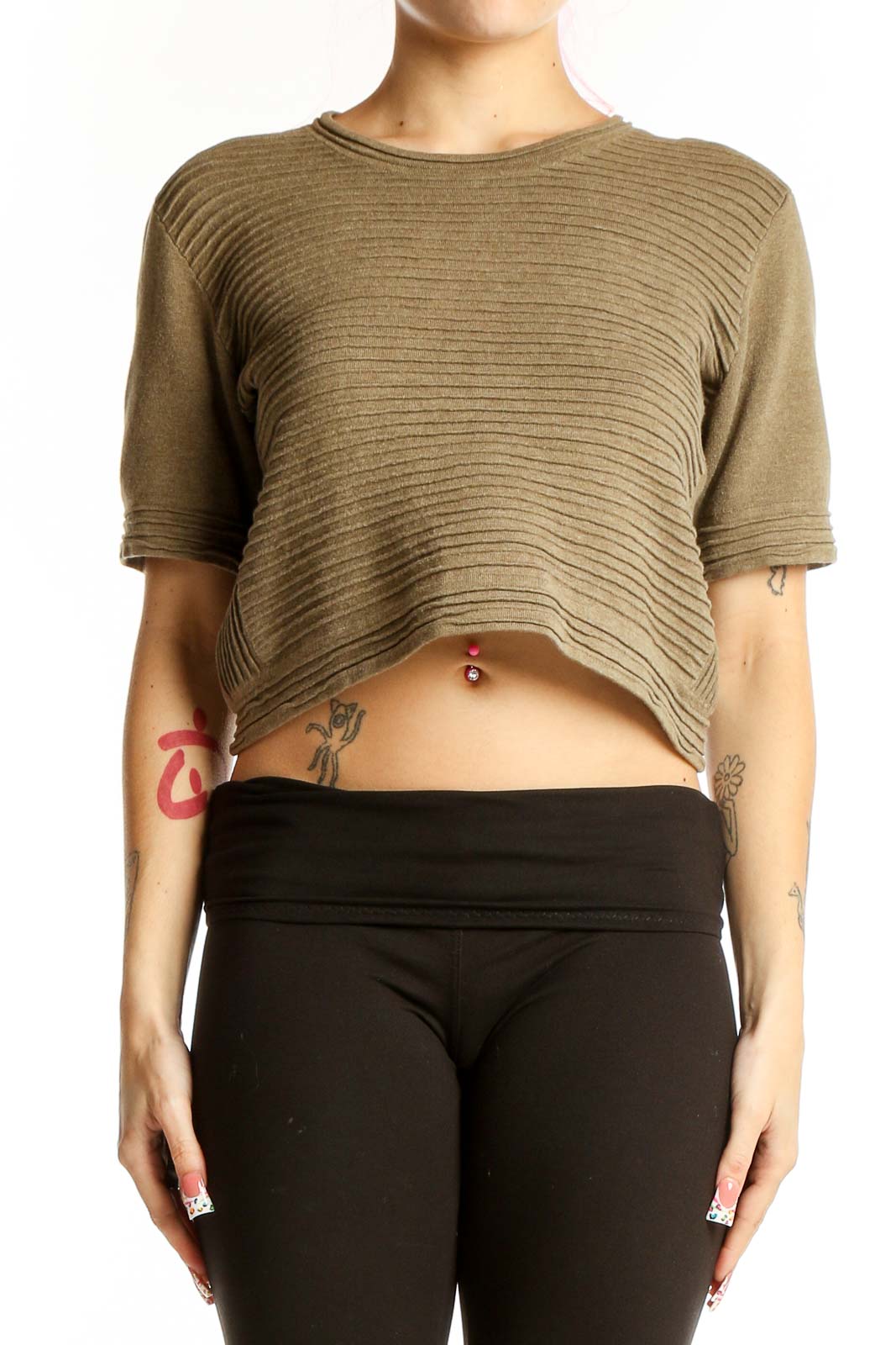 Olive Ribbed Crop Top Front