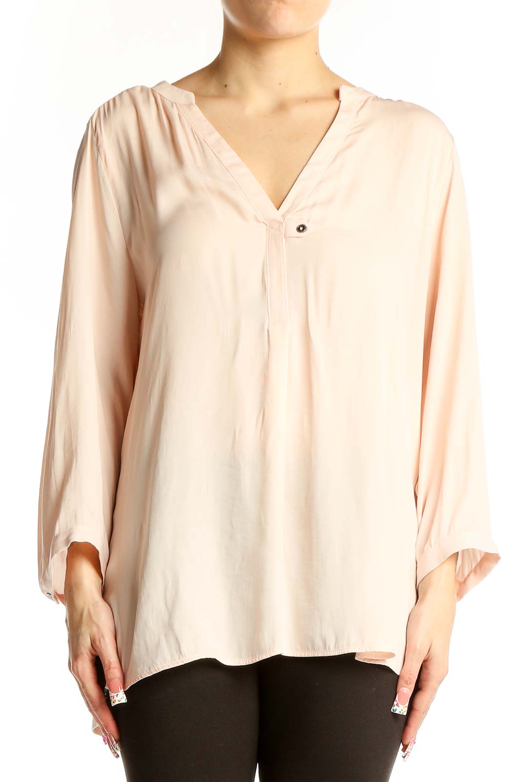 Blush Flowy V-Neck Polyester Blouse Front