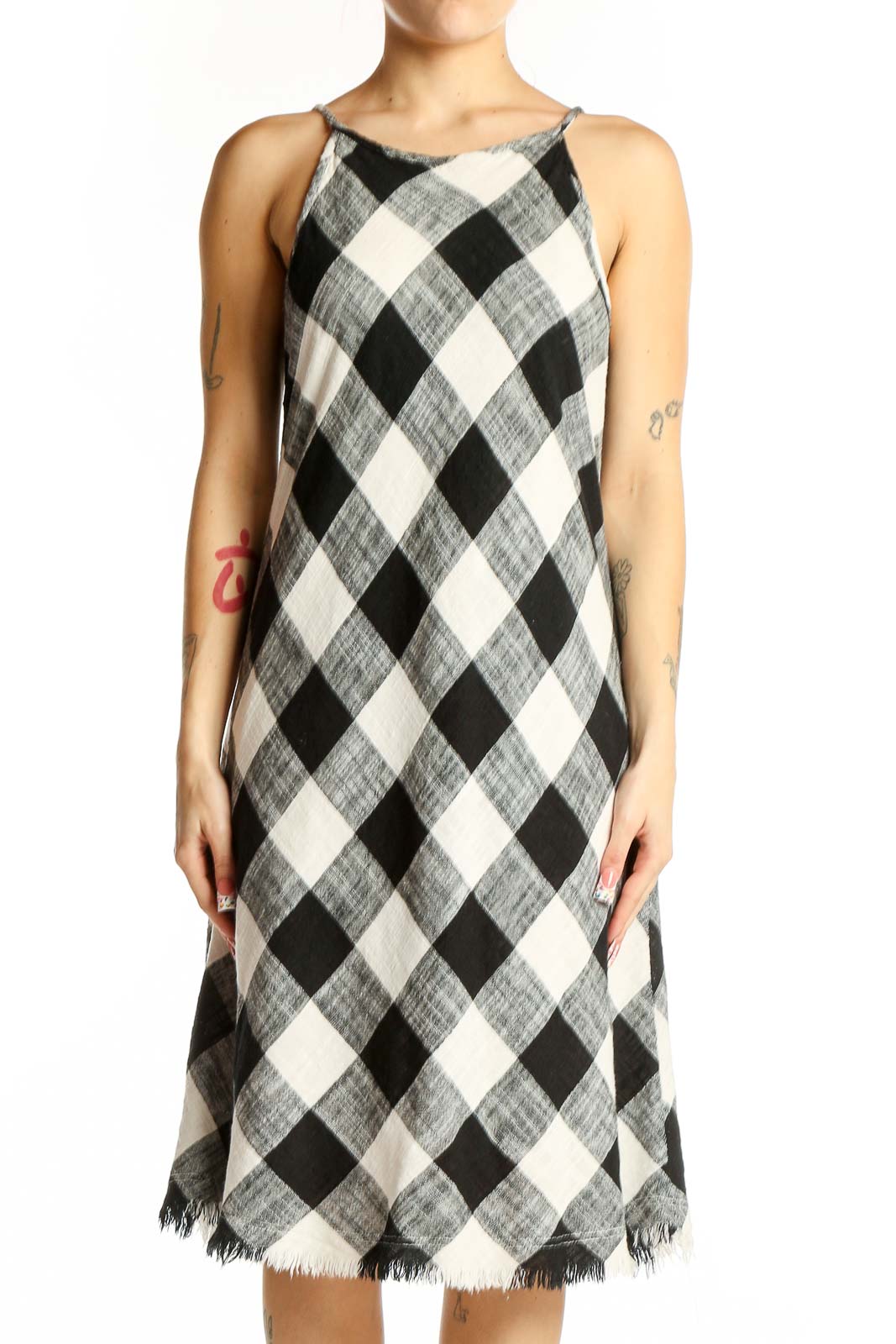Black and White Plaid Sleeveless Midi Dress Front