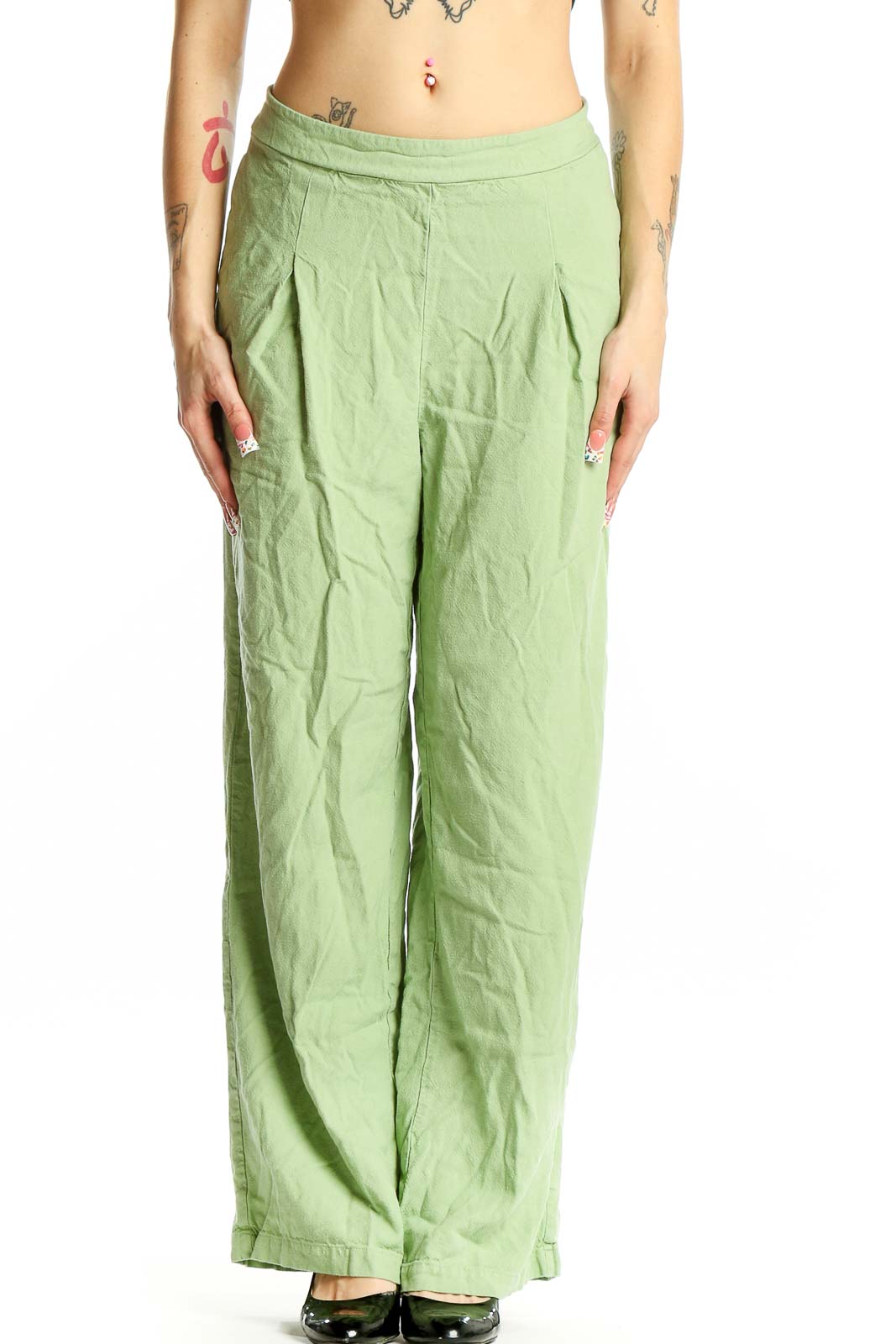 Green Linen-Blend Wide-Leg Pants Front