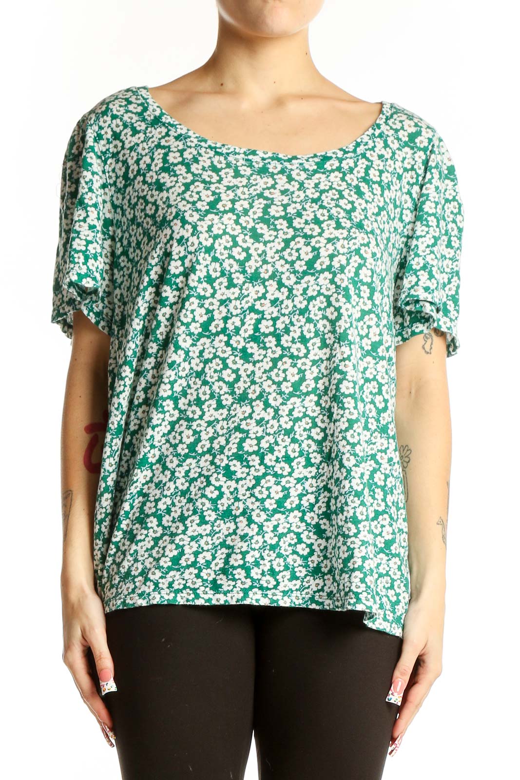 Green Floral Cotton Short Sleeve Top Front