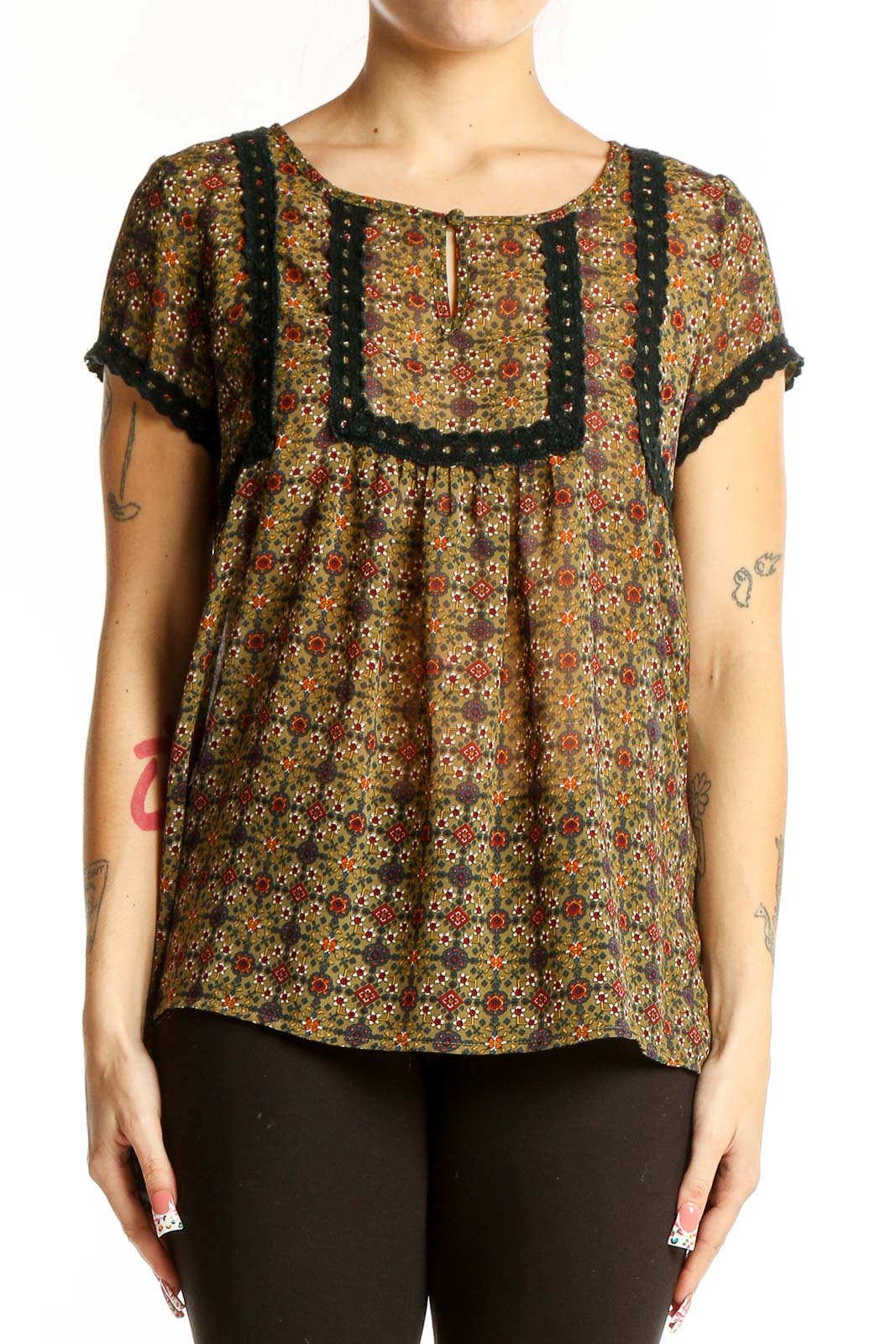 Olive Floral Print Empire Waist Blouse Front