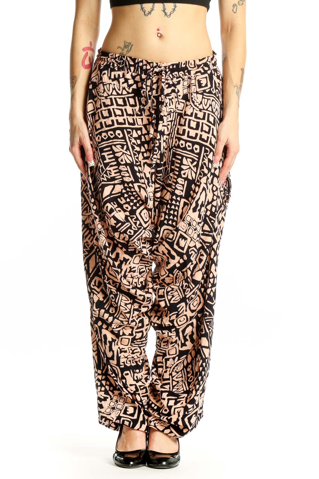 Black and Tan Geometric Print Wide-Leg Pants Front