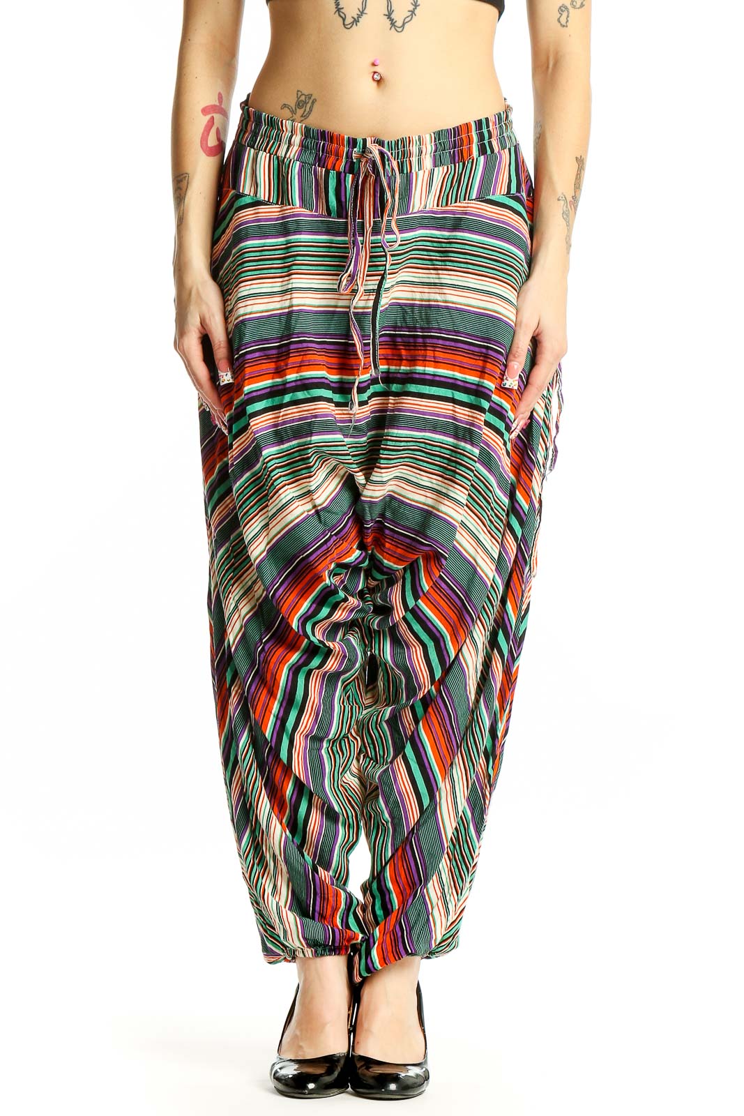 Multicolor Striped Drawstring Pants Front