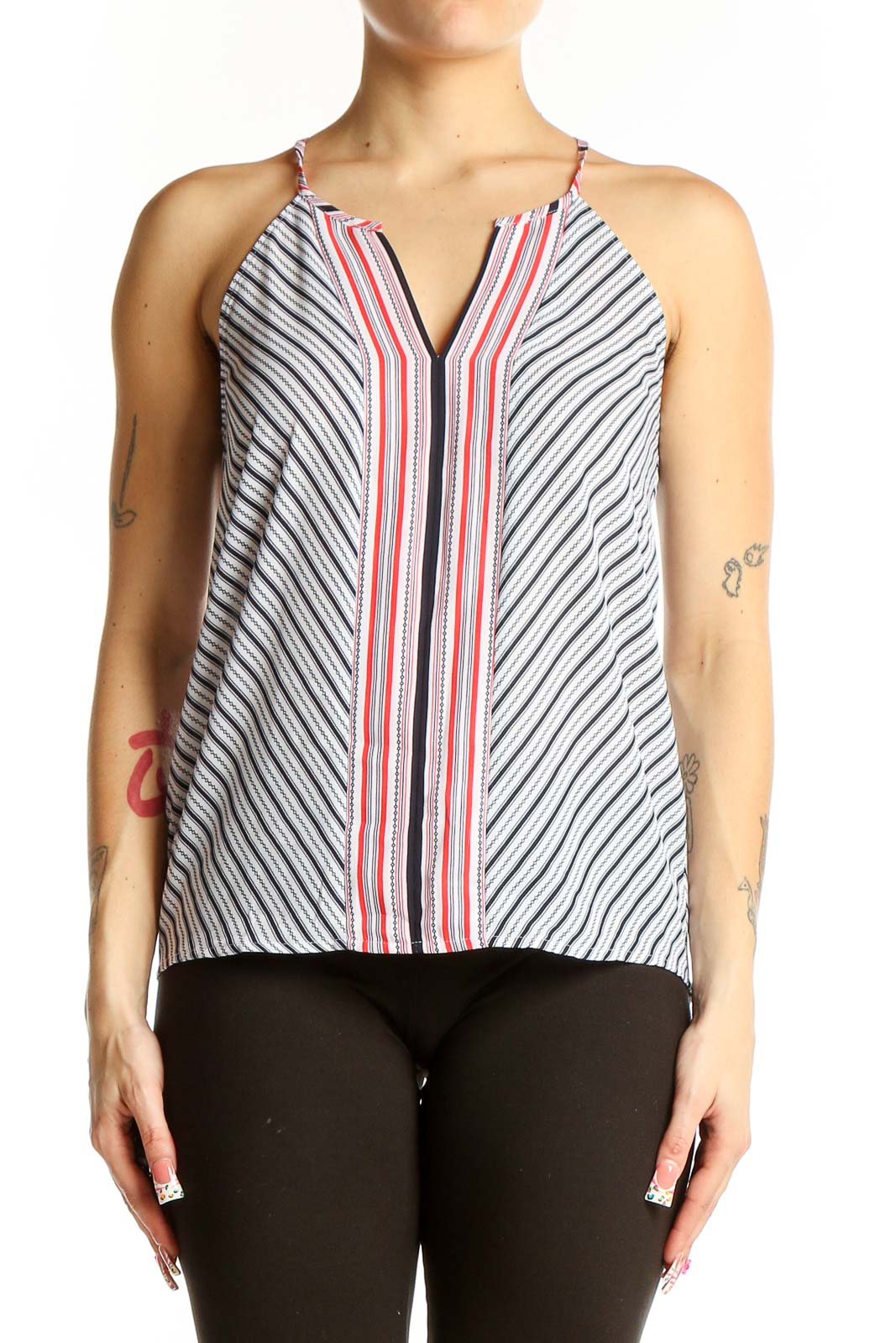 White Striped Sleeveless Blouse Front