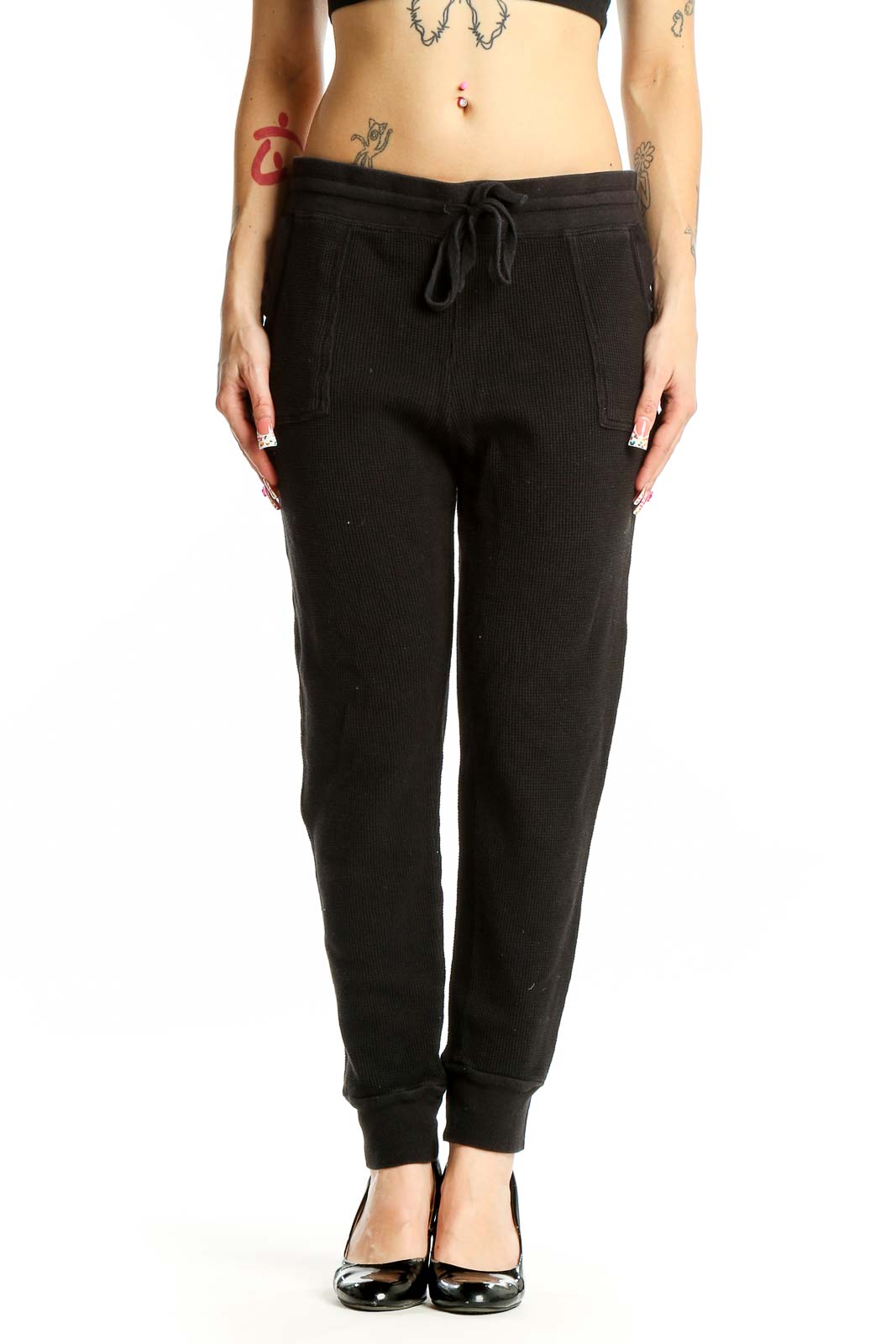 Black Cotton Modal Drawstring Joggers Front