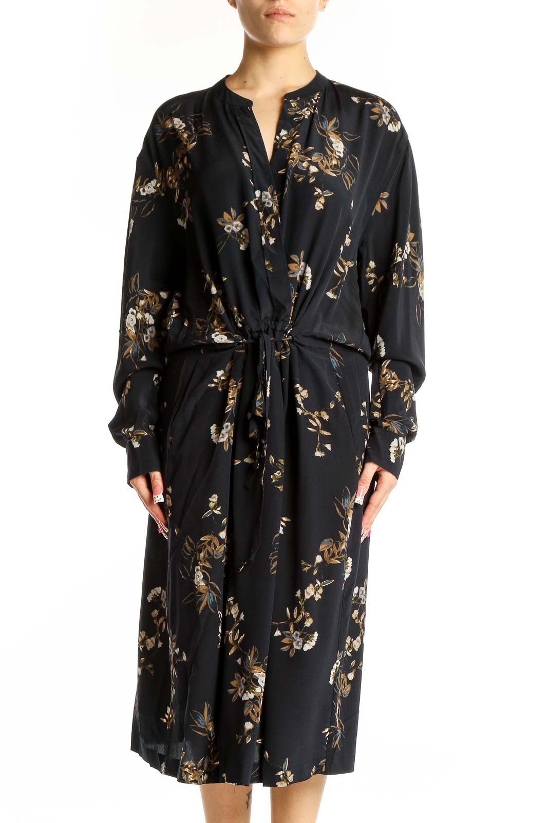 Black Floral Silk Midi Dress Front
