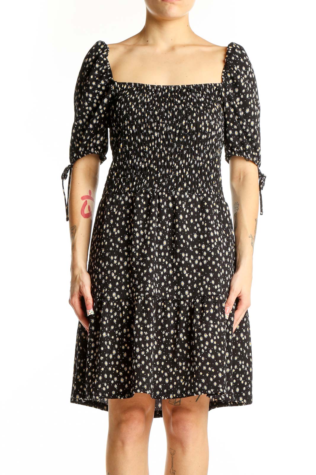 Black Polka Dot Puff Sleeve Midi Dress Front