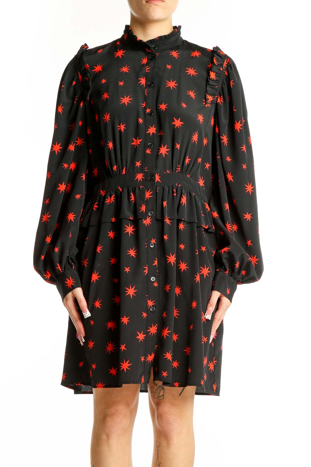 Black Star-Print Puff Sleeve Mini Dress Front