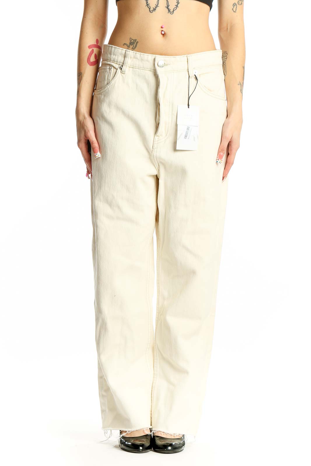 Cream Wide-Leg Cotton Denim Jeans Front