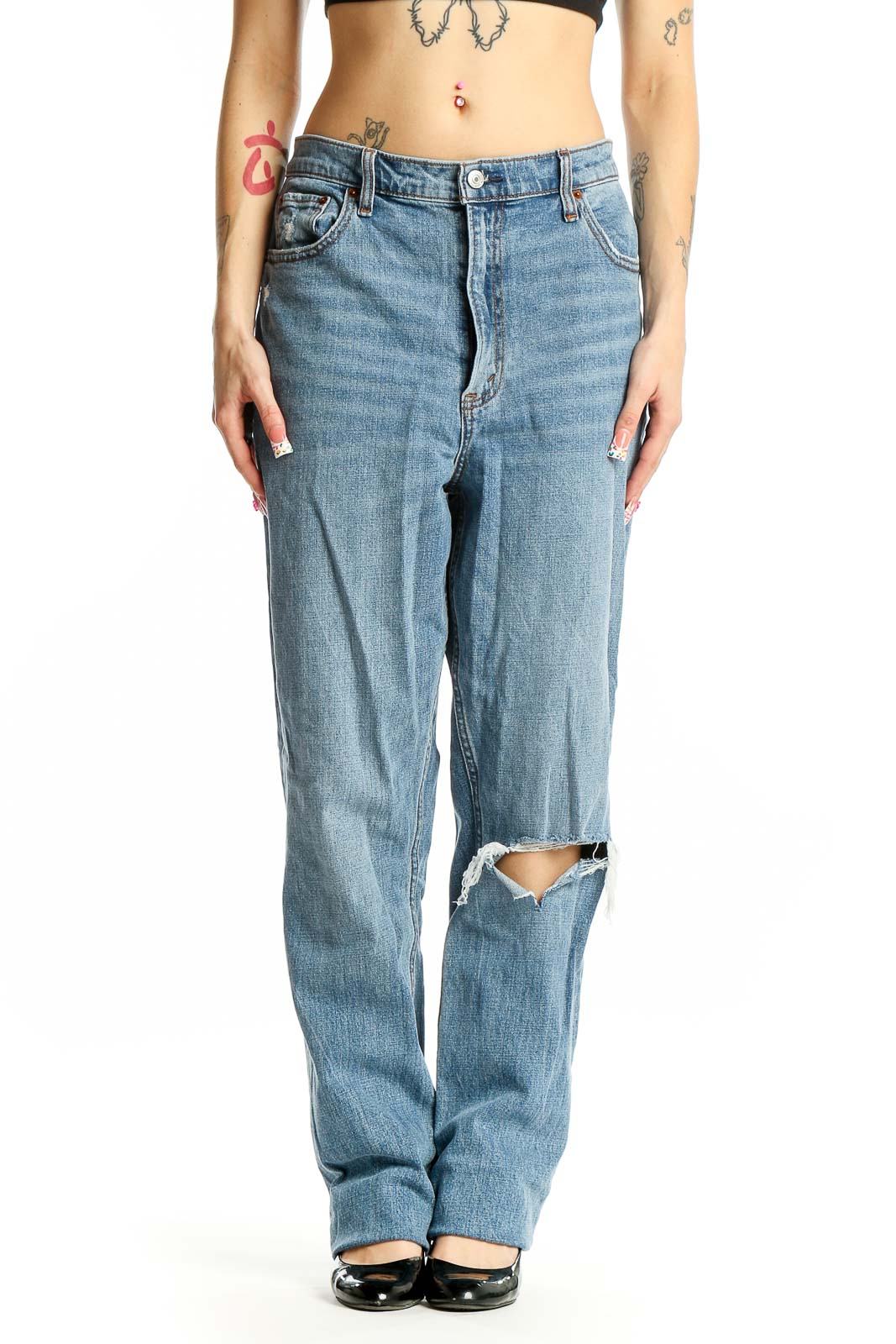 Light Blue Distressed High-Waist Straight Jeans Front