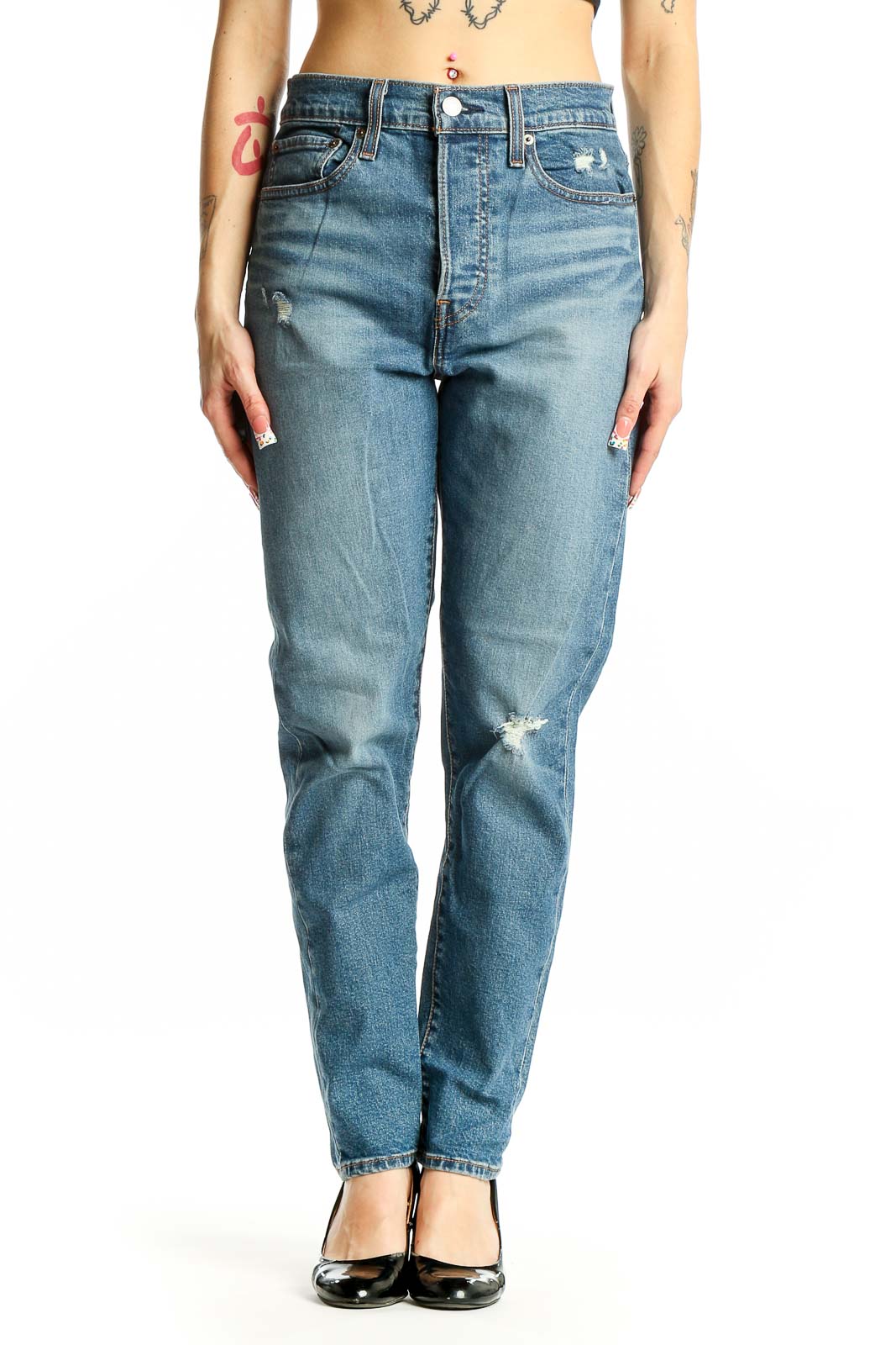 Blue Distressed High-Waist Straight Leg Jeans Front